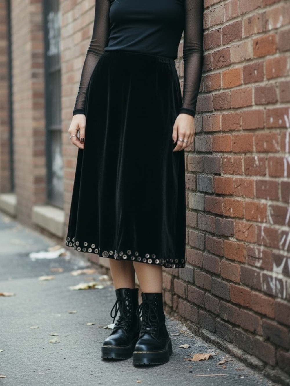 J Jill Velour Black Skirt Midi Button-Trim Dark Academia Whimsigoth XSP